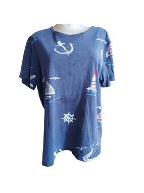 Lighthouse Anchors Vintage Large Women's T-shirt 80's Nautical-Themed Blue AOP